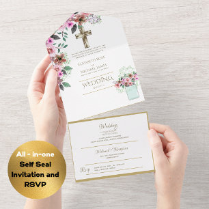 Invitation Tout En Un Mariage catholique 3in1 Invite Floral Gold RSVP