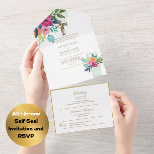 Invitation Tout En Un Mariage catholique 3in1 Invite Floral Gold RSVP