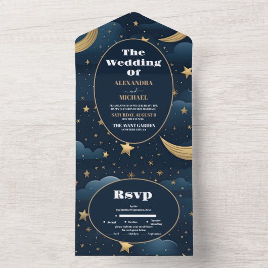 Invitation Tout En Un Mariage céleste de minuit bleu étoiles de lune (À l'intérieur)