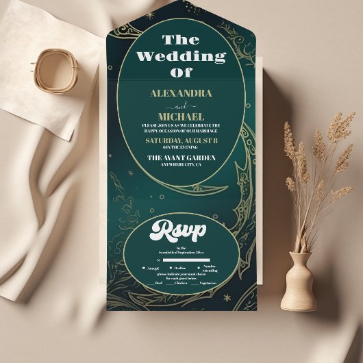 Invitation Tout En Un Mariage céleste Emerald Green Gold