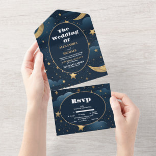 Invitation Tout En Un Mariage Céleste Étoiles Bleu Minuit Lune