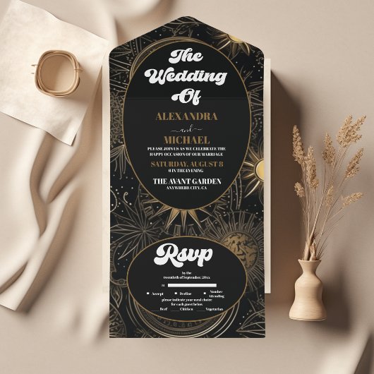 Invitation Tout En Un Mariage Céleste Noir Or