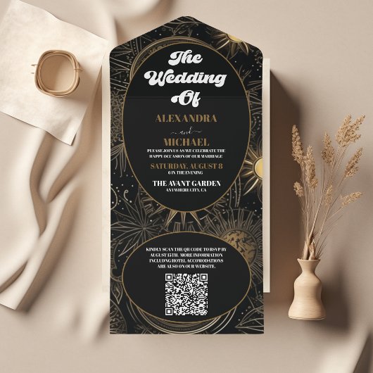 Invitation Tout En Un Mariage Céleste Noir Or Code QR