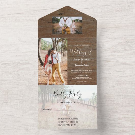 Invitation Tout En Un Mariage champêtre en bois rustique photo (À l'intérieur)