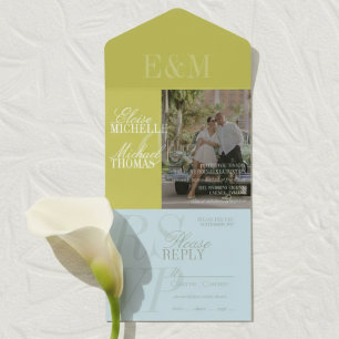 Invitation Tout En Un Mariage Chartreuse et Bleu avec Écriture Moderne