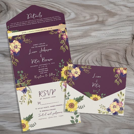 Invitation Tout En Un Mariage chic Boho Floral violet