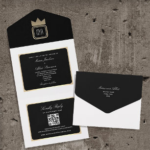 Invitation Tout En Un Mariage chic en noir et blanc avec code QR