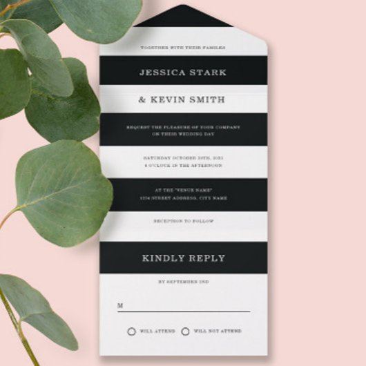 Invitation Tout En Un Mariage chic noir et blanc rayures