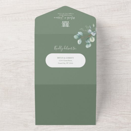 Invitation Tout En Un Mariage chinois à cadre rond Eucalyptus (Dehors)