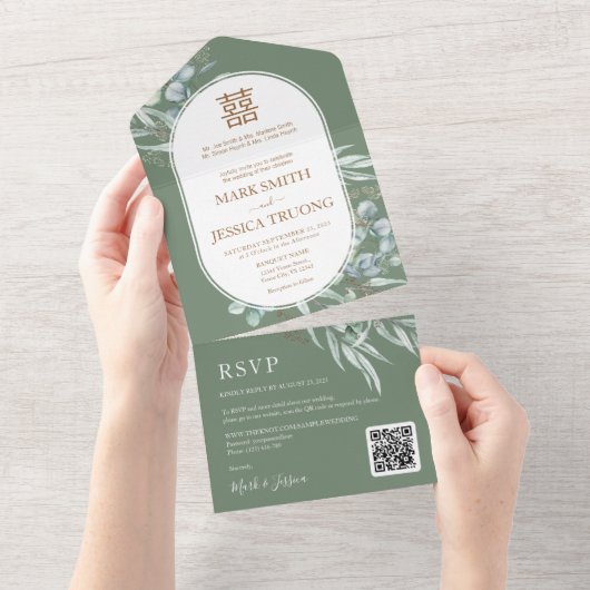 Invitation Tout En Un Mariage chinois à cadre rond Eucalyptus (Déchirure)
