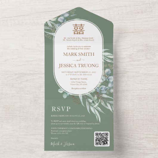 Invitation Tout En Un Mariage chinois à cadre rond Eucalyptus (À l'intérieur)