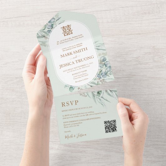 Invitation Tout En Un Mariage chinois à cadre rond Eucalyptus (Déchirure)
