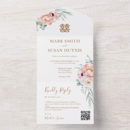 Invitation Tout En Un Mariage chinois Eucalyptus Peonies (À l'intérieur)