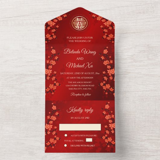 Invitation Tout En Un Mariage Chinois Fleur Orientale (À l'intérieur)