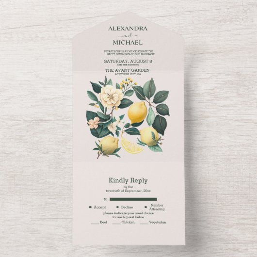 Invitation Tout En Un Mariage Citron Rustique Aquarelle Tout En Un Invit (À l'intérieur)