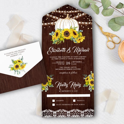Invitation Tout En Un Mariage Citrouille blanc rustique en bois