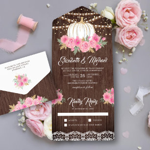 Invitation Tout En Un Mariage Citrouille Blanche Floral Rose Bois Rustiq