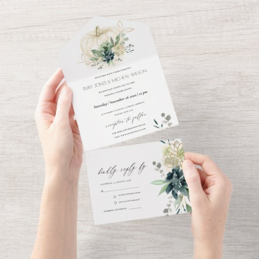 Invitation Tout En Un Mariage Citrouille Succulent de l'or bleu-bleu-gri (Déchirure)