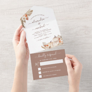 Invitation Tout En Un Mariage Citrouilles blancs Boho Terracotta RSVP