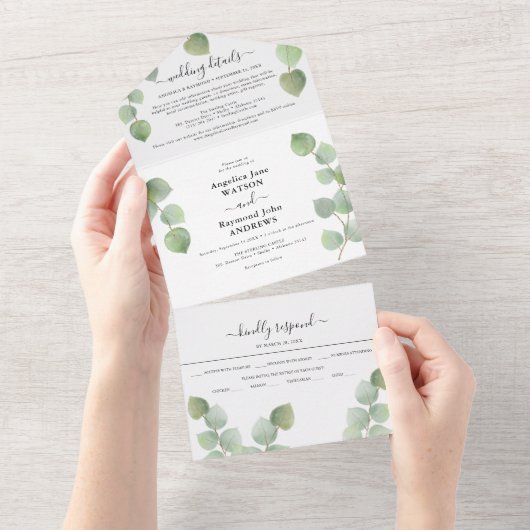 Invitation Tout En Un Mariage Classique Eucalyptus et Or (Déchirure)