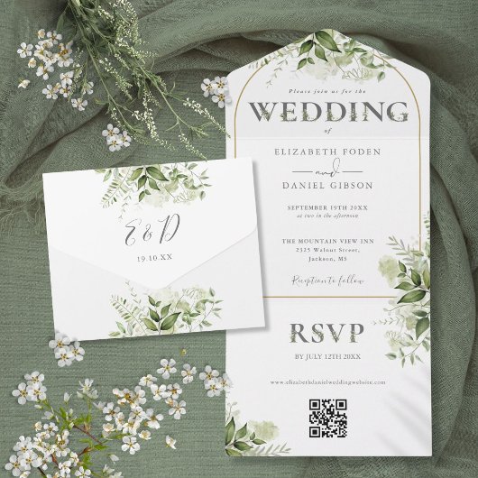 Invitation Tout En Un Mariage Code QR Arche Dorée de Verdure Rustique