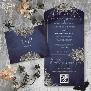Invitation Tout En Un Mariage Code QR Archevêché Gothique Noir et Or Ros