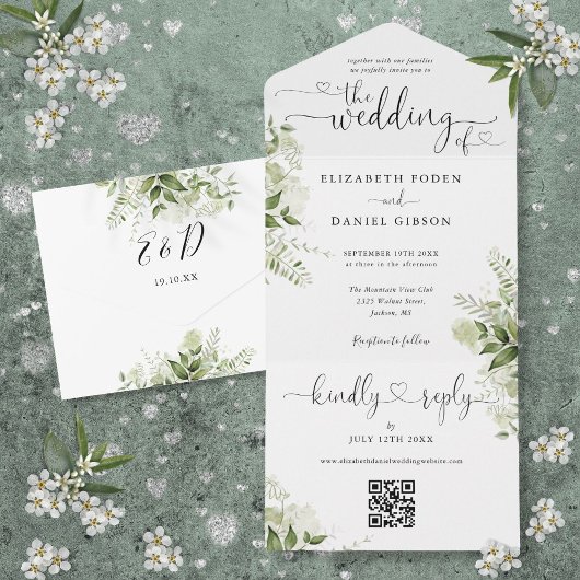 Invitation Tout En Un Mariage Code QR Cœurs Script Floral Verdure