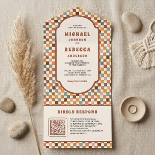 Invitation Tout En Un Mariage Code QR Damier Coloré Rétro 70's