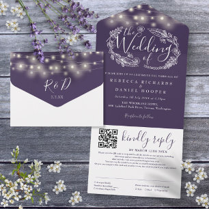 Invitation Tout En Un Mariage Code QR de Guirlandes de Lumières Violette