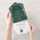 Invitation Tout En Un Mariage Code QR de la verdure florale émeraude (Déchirure)