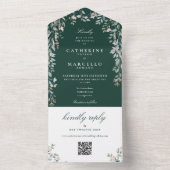 Invitation Tout En Un Mariage Code QR de la verdure florale émeraude (À l'intérieur)
