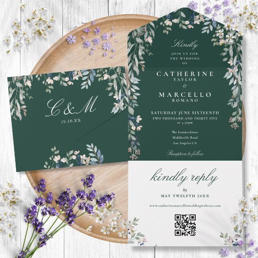 Invitation Tout En Un Mariage Code QR de la verdure florale émeraude