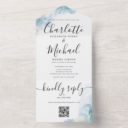 Invitation Tout En Un Mariage Code QR de Script Abstrait Aquarelle Bleue (À l'intérieur)