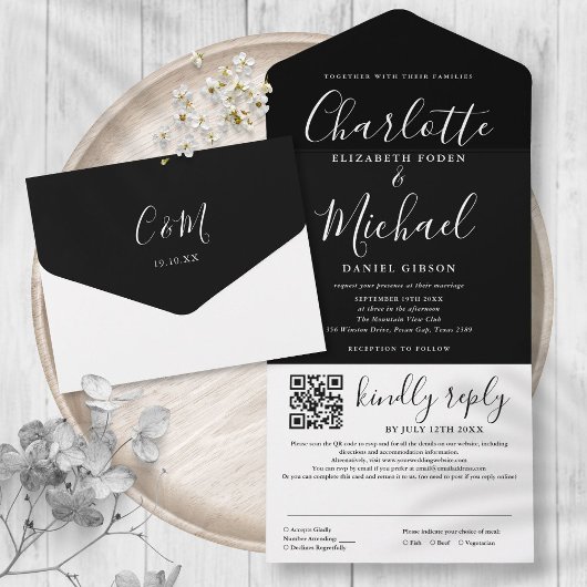 Invitation Tout En Un Mariage code QR de script moderne noir et blanc