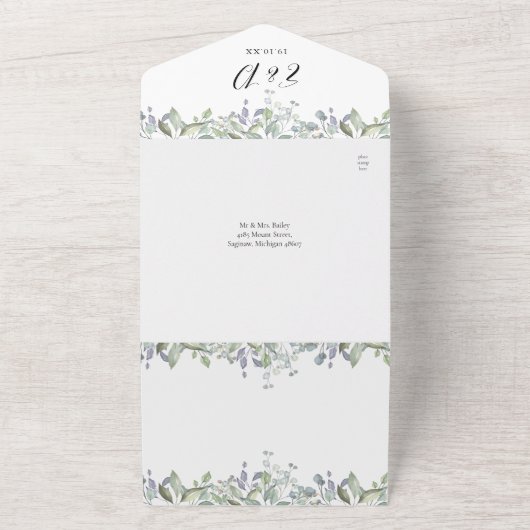 Invitation Tout En Un Mariage Code QR Écriture Élégante Feuillage Verdur (Dehors)