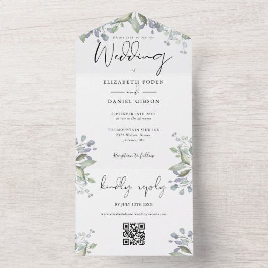 Invitation Tout En Un Mariage Code QR Écriture Élégante Feuillage Verdur (À l'intérieur)