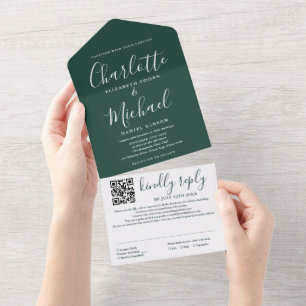Invitation Tout En Un Mariage Code QR Écriture Moderne Vert Émeraude