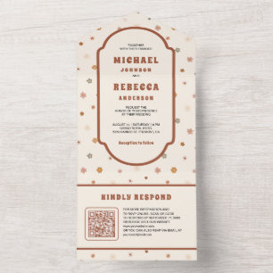 Invitation Tout En Un Mariage Code QR Fleurs Délicates Rétro Groovy des