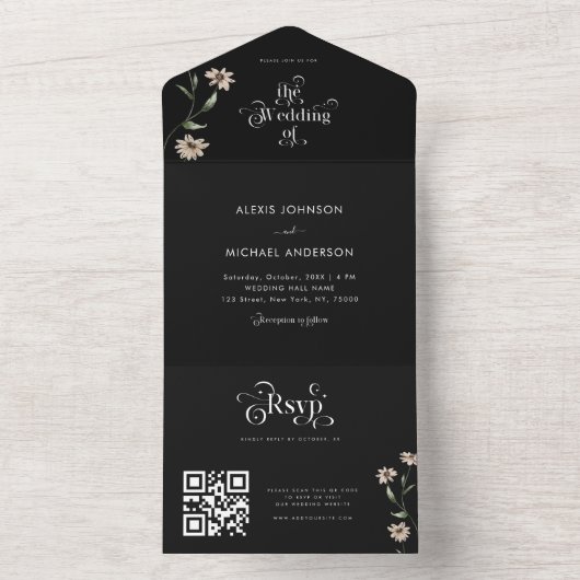 Invitation Tout En Un Mariage Code QR Fleurs Sauvages Boisées Fantaisist (À l'intérieur)