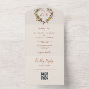 Invitation Tout En Un Mariage Code QR Floral Automnal Rustique Coeur