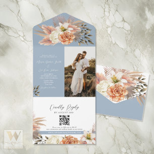 Invitation Tout En Un Mariage Code QR Floral Bleu Poussiéreux et Pêche