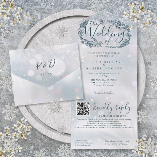 Invitation Tout En Un Mariage Code QR Floral Boho Flocons de Neige Hiver
