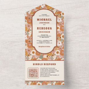 Invitation Tout En Un Mariage Code QR Floral Coloré Rétro 70's Groovy