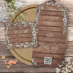 Invitation Tout En Un Mariage Code QR Floral Feuillage Bois de Grange Ru