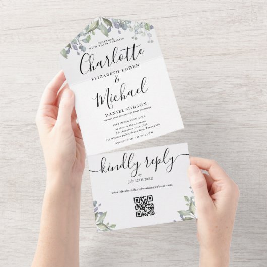 Invitation Tout En Un Mariage Code QR Floral Monogramme de Script  (Déchirure)