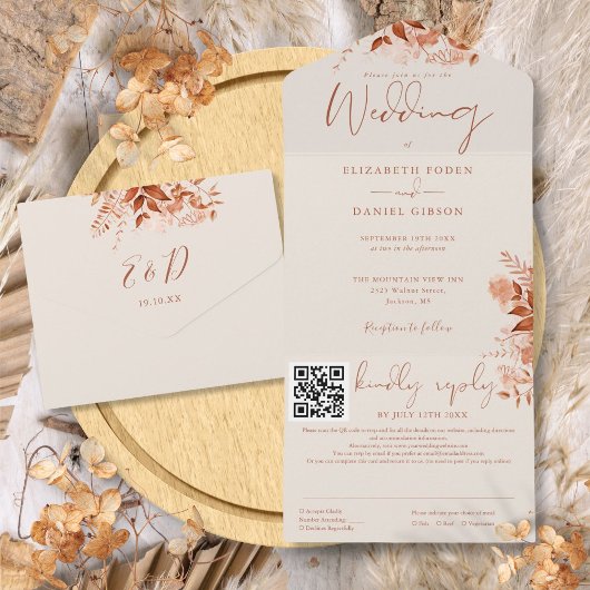 Invitation Tout En Un Mariage Code QR Floral Rustique Automne