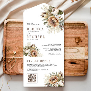 Invitation Tout En Un Mariage Code QR Floral Taupe Terreux Bohème Neutre