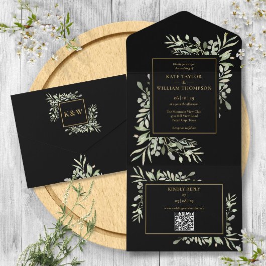 Invitation Tout En Un Mariage Code QR Floral Végétal Noir et Or