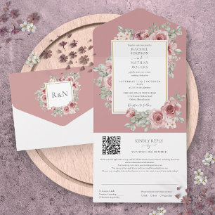 Invitation Tout En Un Mariage Code QR Géométrique Or Floral Rose Poussié