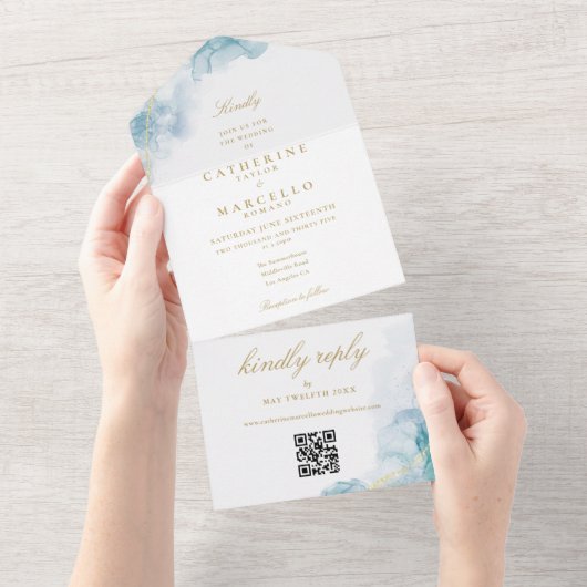 Invitation Tout En Un Mariage Code QR Moderne Aquarelle Bleue Or (Déchirure)